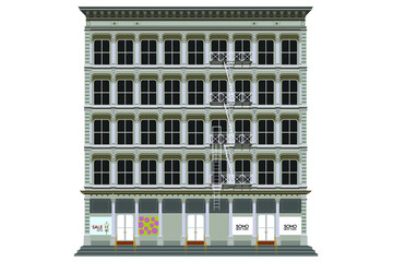 Building with a cast iron facade typical of the Soho district region of southern Manhattan Island in New York. With fire escape and on the ground floor, shop windows. EPS vector illustration