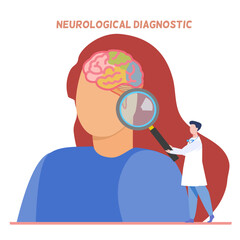 A doctor holding magnifying glass pointing at patient picture with colorful brain 