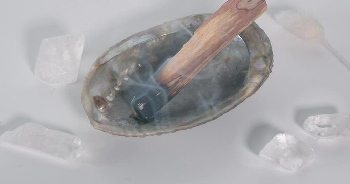Palo santo burning in an abalone shell with clear quartz