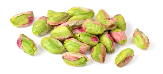 peeled pistachios isolated on the white background