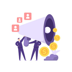refer a friend concept, public relations, digital marketing, and marketing management. illustration of a team of employees or businessmen using a large megaphone to attract customers' attention. flat 