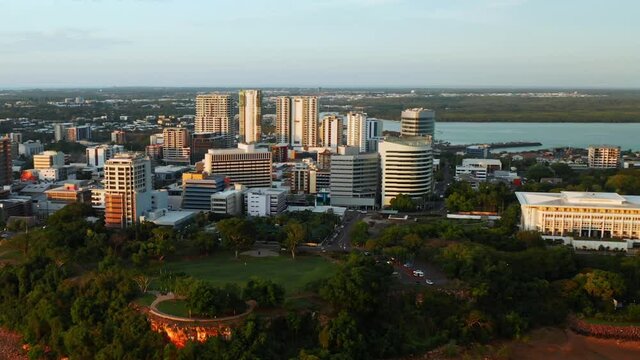 Waterfront City Buildings At The Coastline In Darwin, Northern Territory Of Australia. aerial pullback