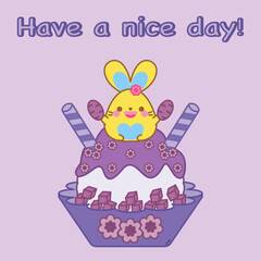 Have a nice day! Smiley bunny holding purple sweet potato sitting on bingsu, topping with jelly flower and crispy roll, in flower bowl. Delicious Korean dessert! Happy Saturday! Purple color concept. 