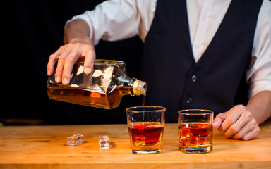 Bartender Serve Whiskey, on wood bar, 