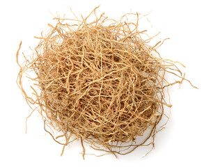 dried vetiver roots isolated on the white background, top view