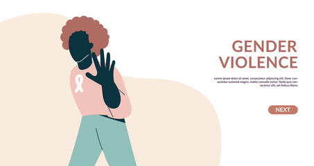 Gender violence concept Woman show stop gesture protest against racial or gender discrimination. Elimination violence against girl. Women day and rights flat vector illustration, web banner template - obrazy, fototapety, plakaty