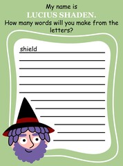 Halloween word game with a sorcerer in English vector illustration. Educational word game for children - create and write as many words from given letters as you can