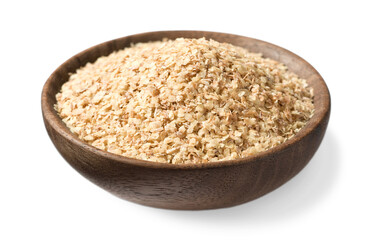 uncooked wheat germ in the wooden bowl, isolated on the white background
