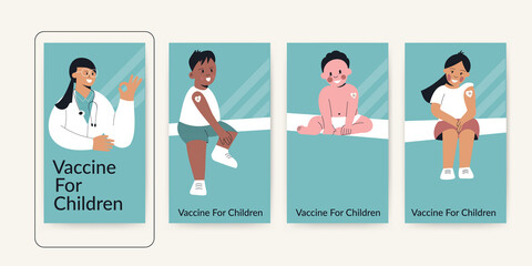 Vaccine for children or Kids after vaccination ig story template. Little girl and boy with plaster on shoulder from injection. Vaccinated baby. Medicine and healthcare for toddler. Vector illustration