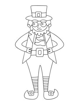 Happy leprechaun hand-drawn coloring page for kids vector illustration. Happy Saint Patrick Day printable coloring page for children