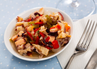 Seafood Salpicon (Salpicon de Marisco) with shrimp, mussels, octopus, bell peppers, onions, tomatoes and olives