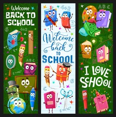 Back to school banners with cartoon books and stationery characters. Children school education, kids lessons vector vertical banners with happy pen, pencil and eraser, scissors, paint and textbook