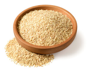 raw wheat germ in the wooden bowl, isolated on the white background