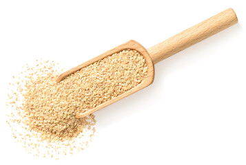 Fototapeta na wymiar raw wheat germ in the wooden scoop, isolated on the white background, top view