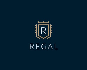 Premium monogram shield letter R initials logo. Universal symbol icon design. Luxury abc shield logotype.