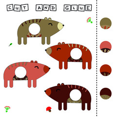 Developing an activity for children, the task is to cut and glue a piece on colorful cute bears . Logic game for children.