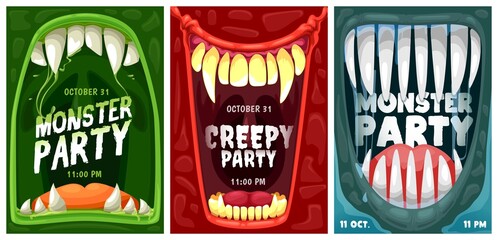 Halloween party vector invitation posters with cartoon monster mouths and teeth. Trick or treat horror smiles of vampire, zombie and alien demon frame border with spooky fangs, tongues and green slime