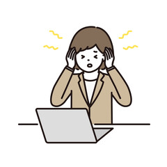 パソコンの前で頭痛・耳鳴りに悩むビジネスウーマンのイラスト
