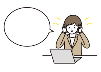 パソコンの前で頭痛・耳鳴りに悩むビジネスウーマン 吹き出し