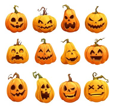 Cartoon Halloween pumpkins, Jack o lantern isolated scary characters. Halloween pumpkin lanterns, cute happy with scary smile on face, horror holiday and spooky night pumpkins with creepy carvings
