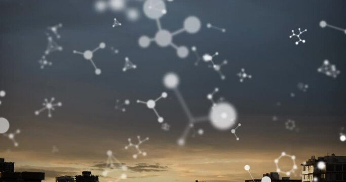 Animation of molecules floating over cityscape - Powered by Adobe