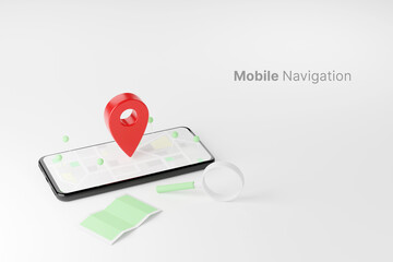 Mobile navigation, gps satellite navigation, travel, tourism and location route planning concept. Smartphone map application and red pinpoint on screen. 3d illustration