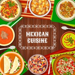 Mexican cuisine food dishes, Mexico meals menu cover, vector traditional restaurant dinner and lunch. Mexican food tacos and avocado, Latin America cuisine gourmet national dishes plates on table