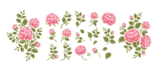 Collection of vintage vector botanical rose, peony flower, leaf branch, feminine floral bouquet arrangements