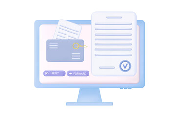 Email reply forward 3d. Delivery of message, letter, newsletter in an envelope online. Arrow button reply, forward. Attachment receive or send document. Contact address, share or subscribe. Vector 