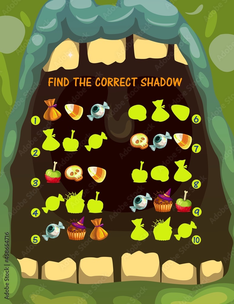 Poster kids shadow matching game with halloween treats. children puzzle riddle, child game vector page or p