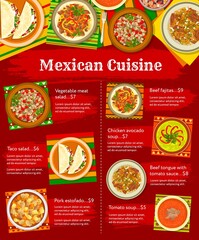 Mexican food cuisine menu, lunch or dinner dishes, vector restaurant poster. Mexican cuisine traditional tacos, fajitas and meat meals chili con carne, chicken avocado soup and beef tongue with tomato
