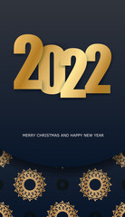 Merry christmas and happy new year 2022 flyer template in black color with vintage gold pattern