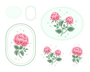Vintage feminine logo design template in trendy minimal style. Pink peony bud, rose flowers and turquoise botanical leaf branch set. Emblem, symbols and icons for cosmetic, beauty and handmade product