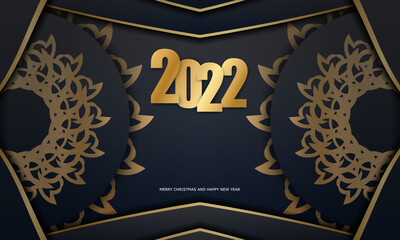 Template Greeting card 2022 Merry christmas black color with abstract gold pattern