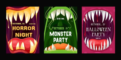 Halloween party vector flyers with monster mouths. Cartoon invitation posters with open toothy jaws with sharp teeth, dripping saliva and tongues. Happy Halloween horror night event invite cards set © Vector Tradition