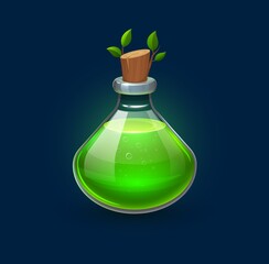 Witchcraft green potion in bottle, growth elixir or witch spell vial, cartoon vector. Magic glass jar with leaf and cork to grow, wizard poison flask for game asset of alchemist chemistry