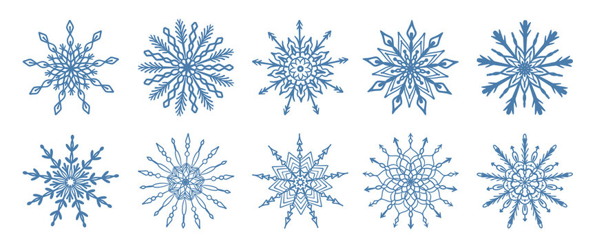 Set of hand drawn blue snowflake icon isolated on white background. Winter design element snow flake frost crysta circular ornamentl vector illustration collection