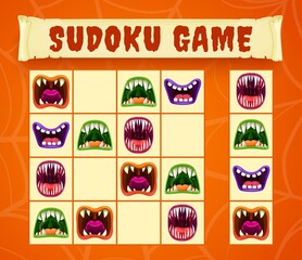 Halloween monster mouths of sudoku or puzzle game vector template. Children educational worksheet of horror puzzle or riddle with screaming vampire, alien mutant and demon smile, preschool education