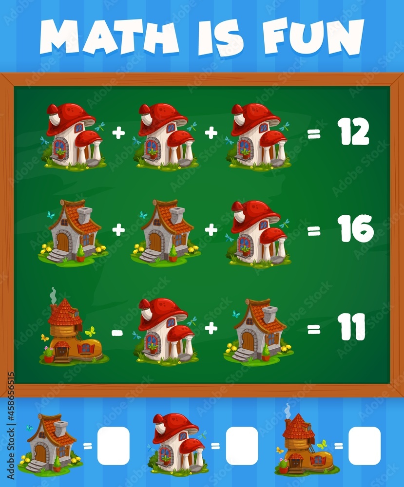 Fototapete math game worksheet with cartoon boot and mushroom fairy houses. education maze for kids, children l