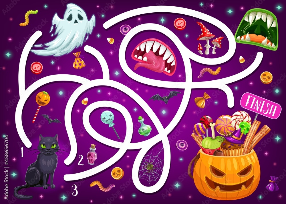 Poster kids maze game with halloween characters and monster mouths. vector labyrinth puzzle find correct wa