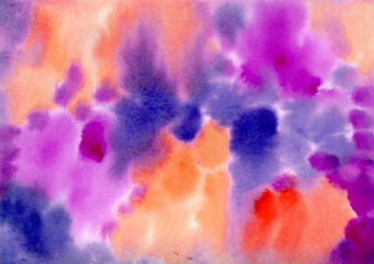 Multicolored Watercolor hand drawn abstract Background. Orange, lilac, violet and purple colorful Watercolour Spots and Splashes Blobs texture. Multicolor Backdrop of Spot for packaging and web - obrazy, fototapety, plakaty
