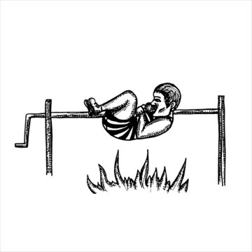 dwarf man in a striped vintage bathing suit with an apple in his teeth hanging tied to a skewer over a bonfire - vector drawing in engraving style. halloween circus concept