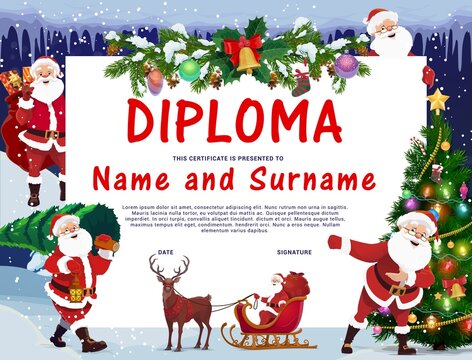 Children Christmas diploma with Santa Claus character. Kids education graduation certificate, child winter holidays diploma. Happy Santa riding sleigh, carrying sack with gifts, Christmas tree vector