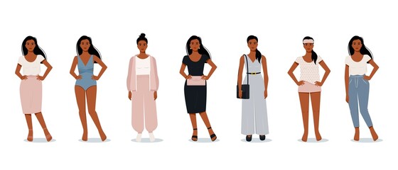 Stylish modern afro woman in flat style. Vector female characters in different clothes. Comfortable home clothes. Evening outfit. Office suit.