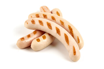 Barbecued german sausages, isolated on white background.