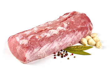 Fresh Pork loin with condiments, isolated on white background.