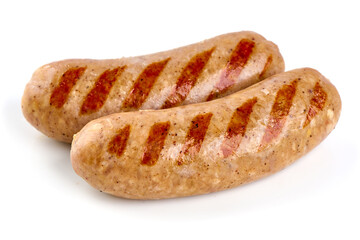Roasted bavarian sausages, isolated on white background.