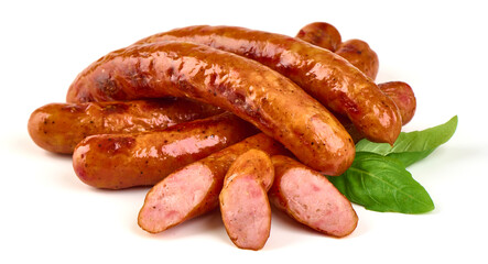 Grilled bbq sausages on the barbecue, isolated on white background.