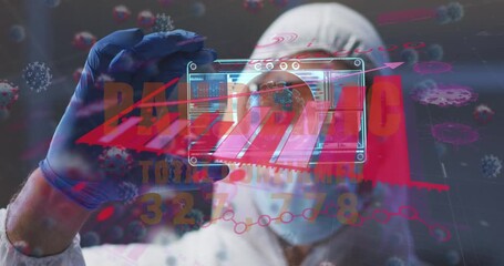 Animation of diagram, virus cells and digital interface over male doctor wearing face mask - Powered by Adobe
