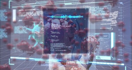 Animation of covid cells and digital interface over male doctor wearing face mask - Powered by Adobe